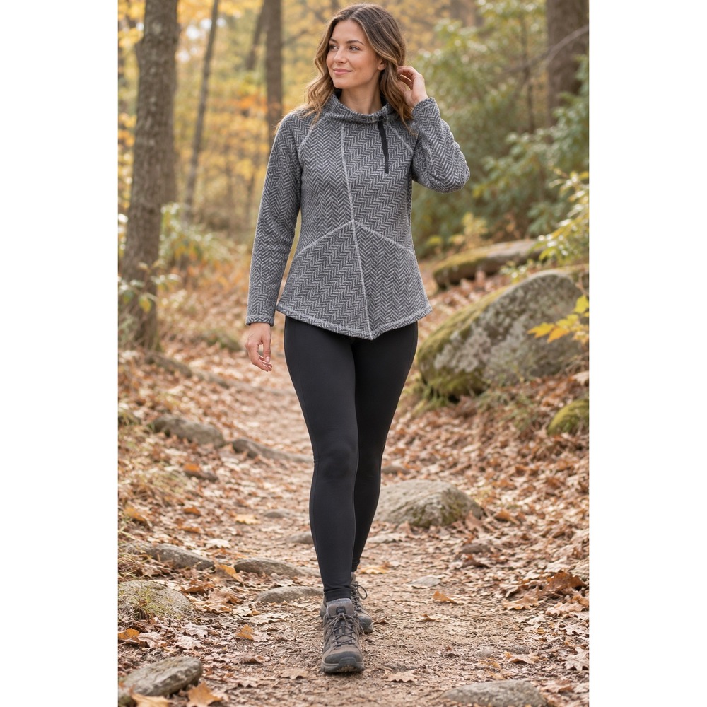 Prana Mattea Grey Herringbone Asymmetrical Funnel Neck Fleece Sweater Small